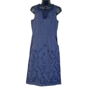 Maine New England Navy Blue Sleeveless Eyelet Lace Crochet Trim Midi Dress Sz 10